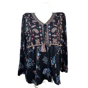 Style & Co Womens XL Black Paisley Mixed Print V-Neck Tassel Boho Blouse Top